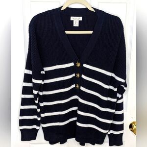 Rachel Zoe Women's V-neck Cable Knit Sweater Navy Blue and White Size L Hi-Lo